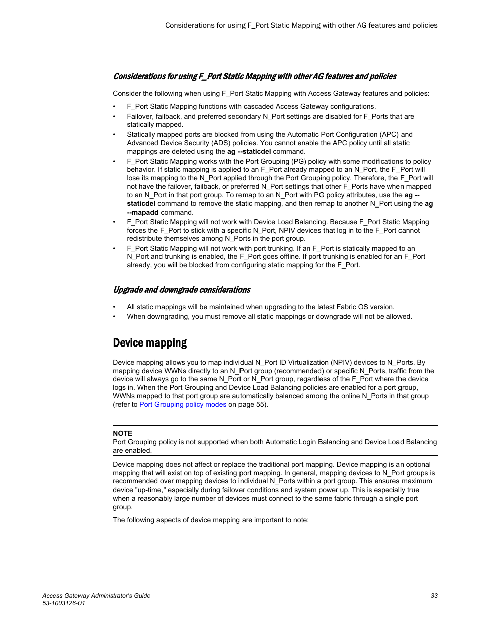 Upgrade and downgrade considerations, Device mapping | Brocade Access Gateway Administrator's Guide (Supporting Fabric OS v7.3.0) User Manual | Page 35 / 102