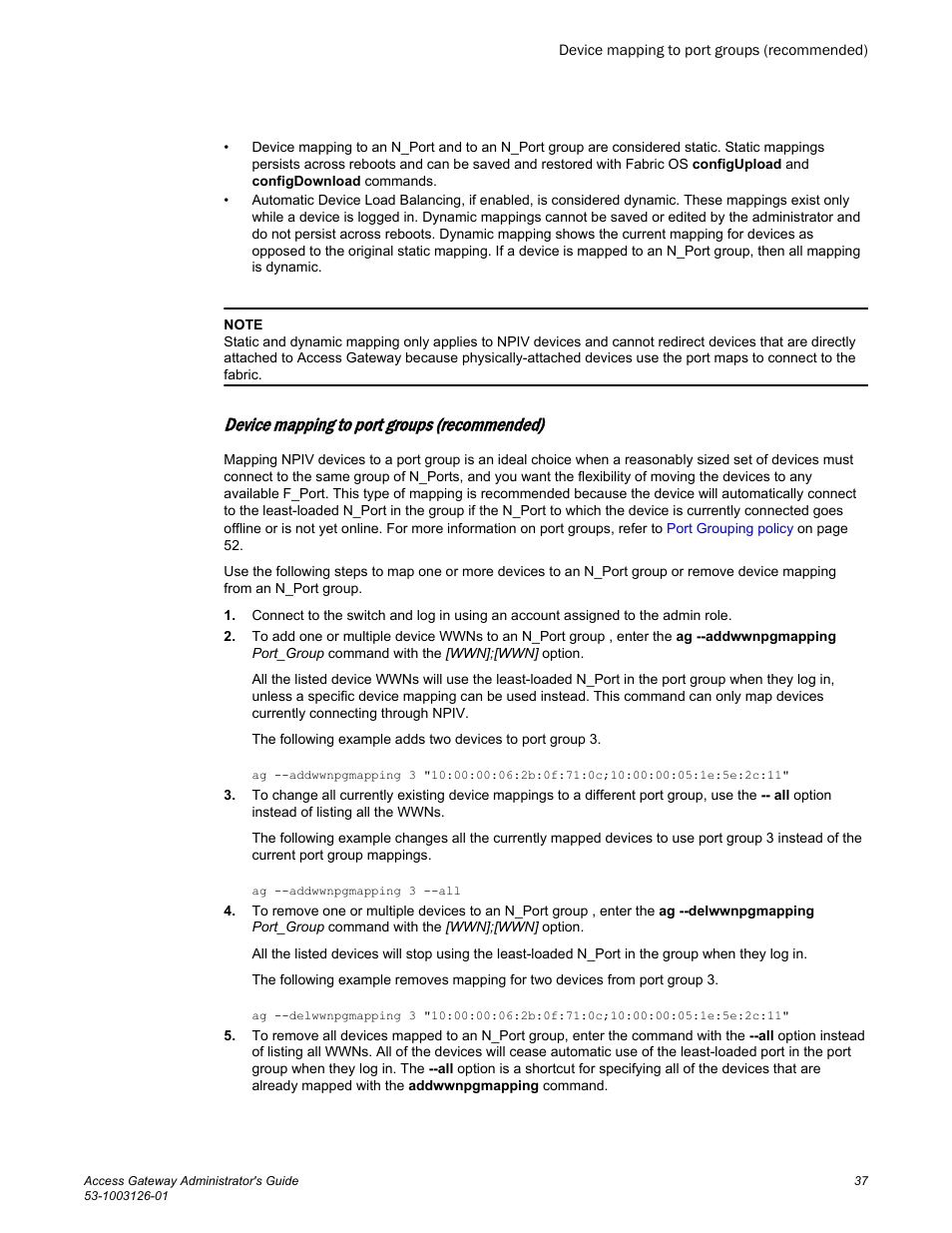 Device mapping to port groups (recommended) | Brocade Access Gateway Administrator's Guide (Supporting Fabric OS v7.3.0) User Manual | Page 39 / 102