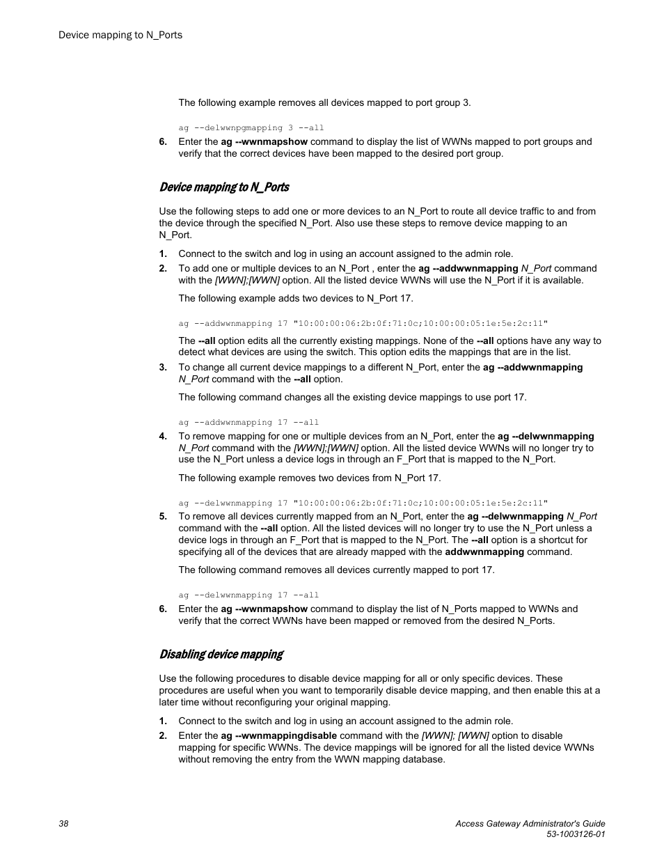 Device mapping to n_ports, Disabling device mapping | Brocade Access Gateway Administrator's Guide (Supporting Fabric OS v7.3.0) User Manual | Page 40 / 102