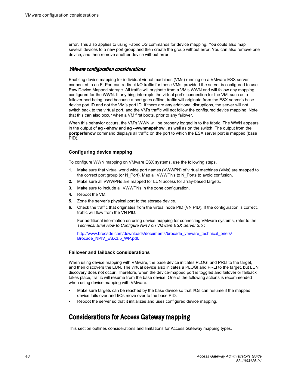 Vmware configuration considerations, Configuring device mapping, Failover and failback considerations | Considerations for access gateway mapping | Brocade Access Gateway Administrator's Guide (Supporting Fabric OS v7.3.0) User Manual | Page 42 / 102