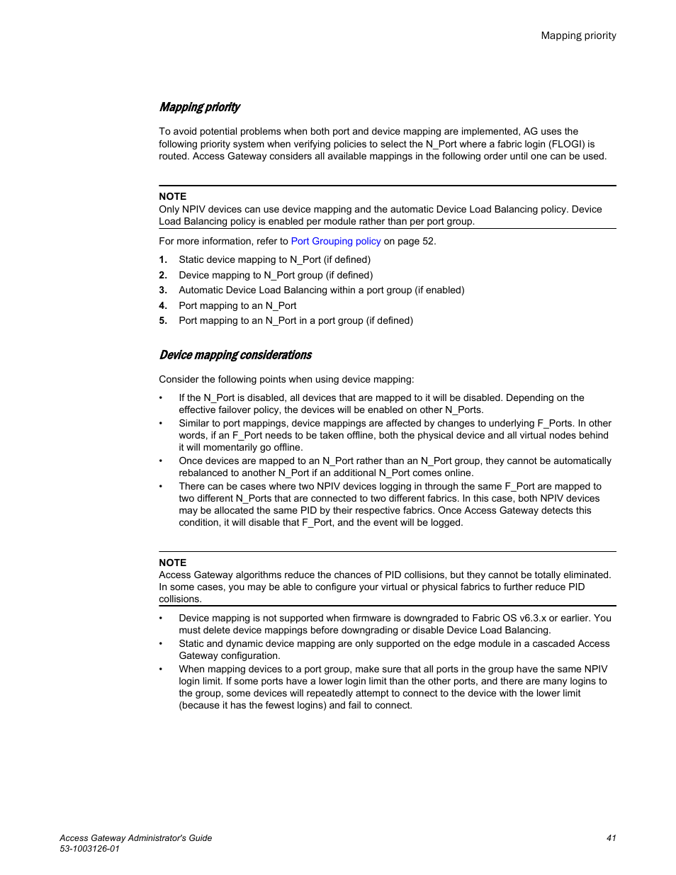 Mapping priority, Device mapping considerations | Brocade Access Gateway Administrator's Guide (Supporting Fabric OS v7.3.0) User Manual | Page 43 / 102