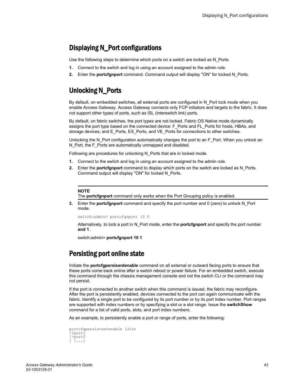 Displaying n_port configurations, Unlocking n_ports, Persisting port online state | Brocade Access Gateway Administrator's Guide (Supporting Fabric OS v7.3.0) User Manual | Page 45 / 102