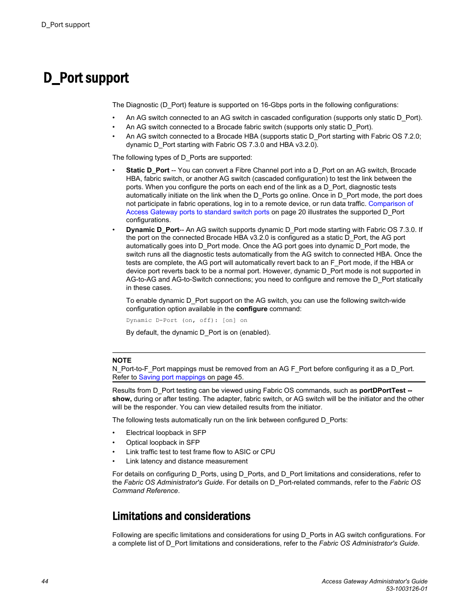 D_port support, Limitations and considerations | Brocade Access Gateway Administrator's Guide (Supporting Fabric OS v7.3.0) User Manual | Page 46 / 102