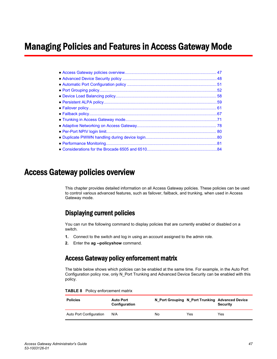 Access gateway policies overview, Displaying current policies, Access gateway policy enforcement matrix | Brocade Access Gateway Administrator's Guide (Supporting Fabric OS v7.3.0) User Manual | Page 49 / 102