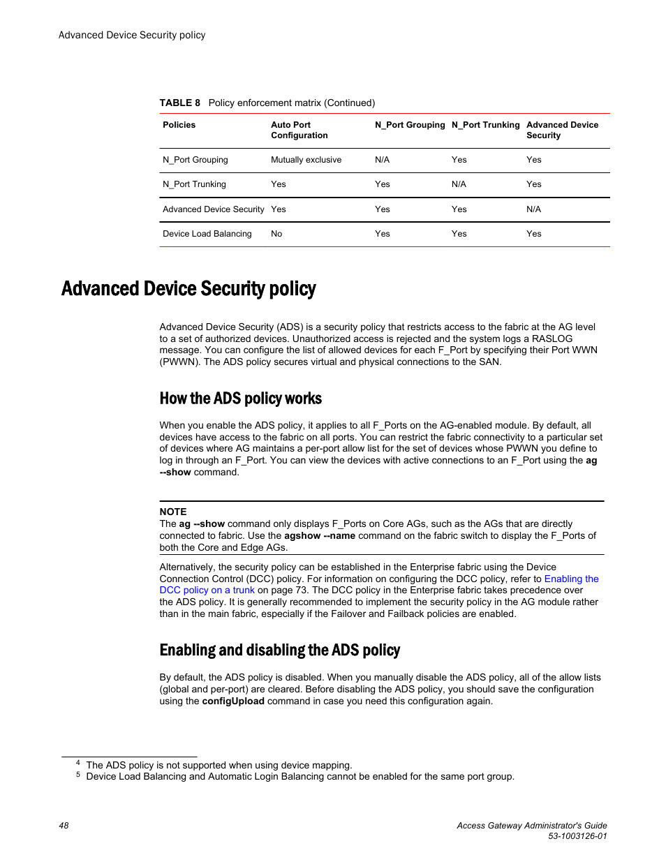 Advanced device security policy, How the ads policy works, Enabling and disabling the ads policy | Brocade Access Gateway Administrator's Guide (Supporting Fabric OS v7.3.0) User Manual | Page 50 / 102