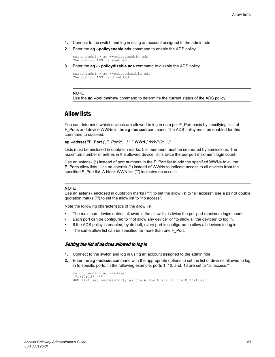 Allow lists, Setting the list of devices allowed to log in | Brocade Access Gateway Administrator's Guide (Supporting Fabric OS v7.3.0) User Manual | Page 51 / 102