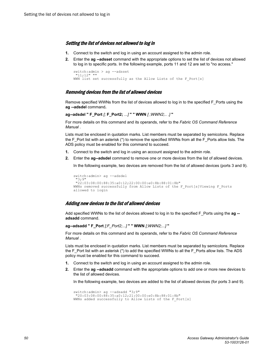 Setting the list of devices not allowed to log in, Removing devices from the list of allowed devices, Adding new devices to the list of allowed devices | Brocade Access Gateway Administrator's Guide (Supporting Fabric OS v7.3.0) User Manual | Page 52 / 102