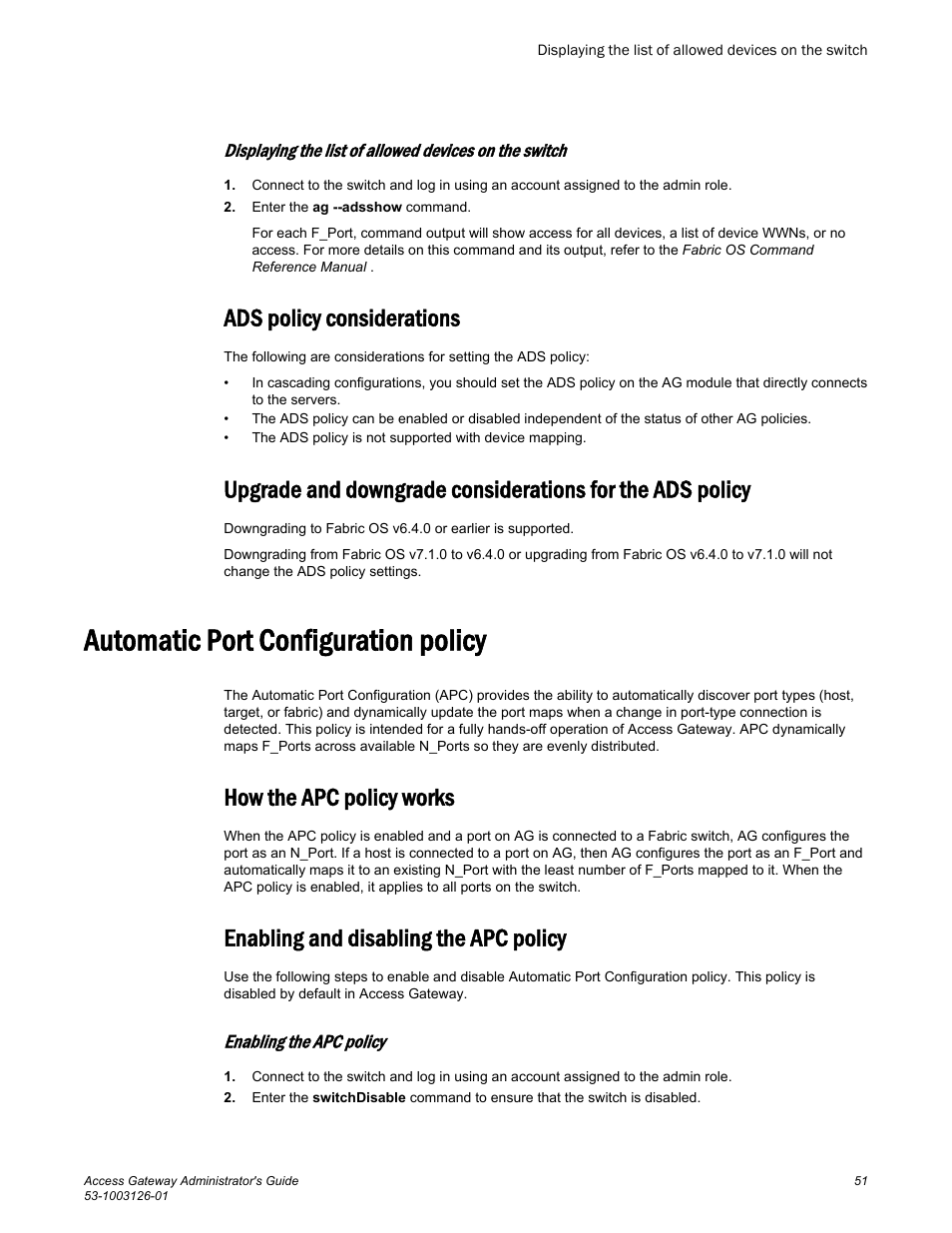 Ads policy considerations, Automatic port configuration policy, How the apc policy works | Enabling and disabling the apc policy, Enabling the apc policy | Brocade Access Gateway Administrator's Guide (Supporting Fabric OS v7.3.0) User Manual | Page 53 / 102