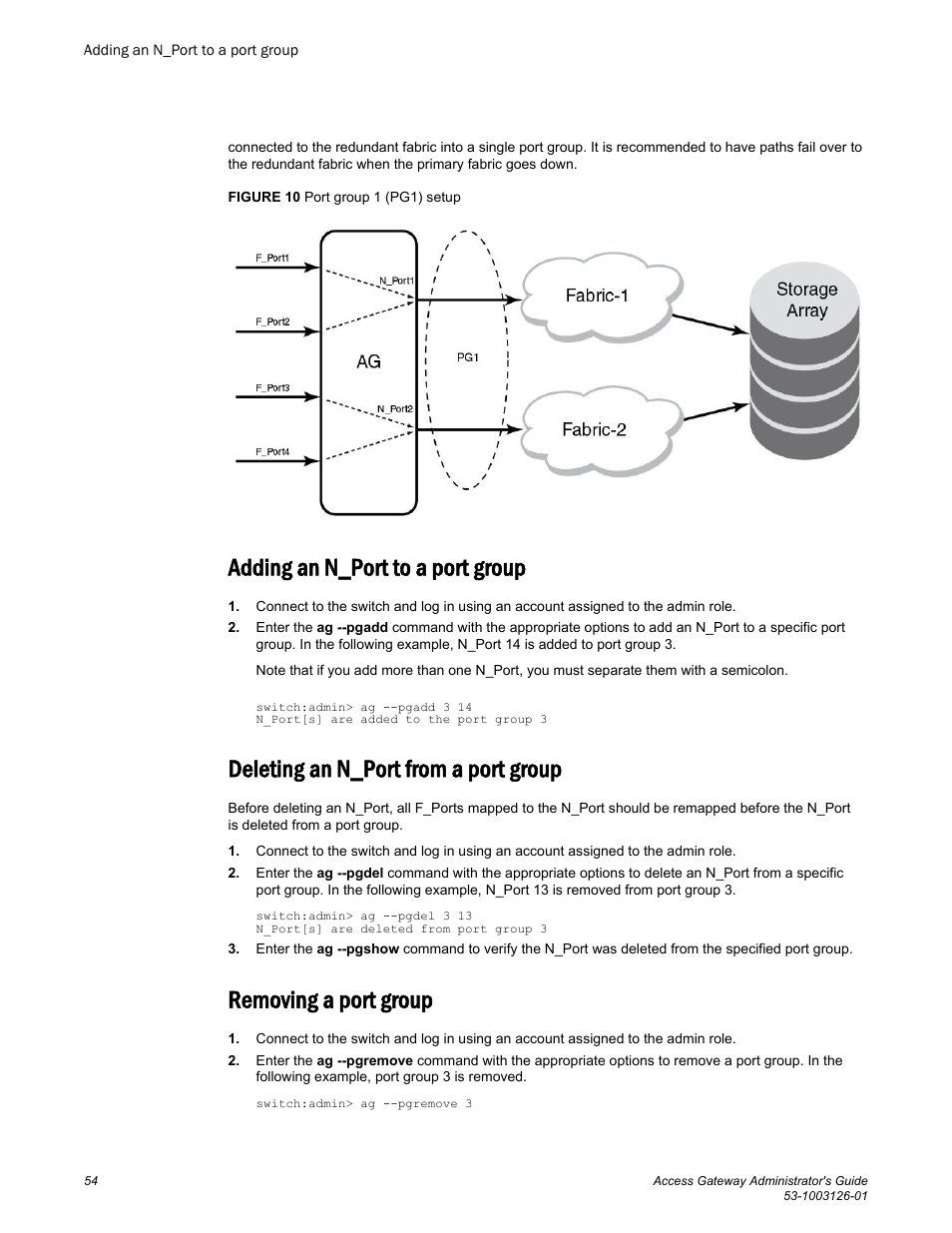 Adding an n_port to a port group, Deleting an n_port from a port group, Removing a port group | Brocade Access Gateway Administrator's Guide (Supporting Fabric OS v7.3.0) User Manual | Page 56 / 102