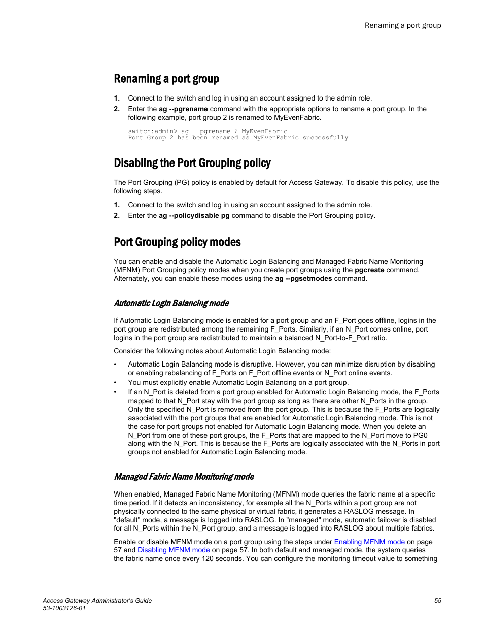 Renaming a port group, Disabling the port grouping policy, Port grouping policy modes | Automatic login balancing mode, Managed fabric name monitoring mode | Brocade Access Gateway Administrator's Guide (Supporting Fabric OS v7.3.0) User Manual | Page 57 / 102