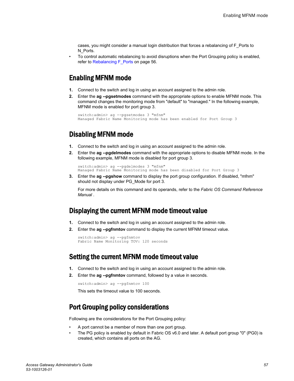 Enabling mfnm mode, Disabling mfnm mode, Displaying the current mfnm mode timeout value | Setting the current mfnm mode timeout value, Port grouping policy considerations, 57 and | Brocade Access Gateway Administrator's Guide (Supporting Fabric OS v7.3.0) User Manual | Page 59 / 102
