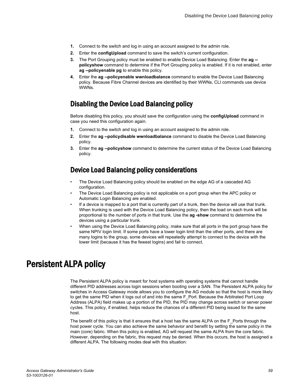 Disabling the device load balancing policy, Device load balancing policy considerations, Persistent alpa policy | Brocade Access Gateway Administrator's Guide (Supporting Fabric OS v7.3.0) User Manual | Page 61 / 102