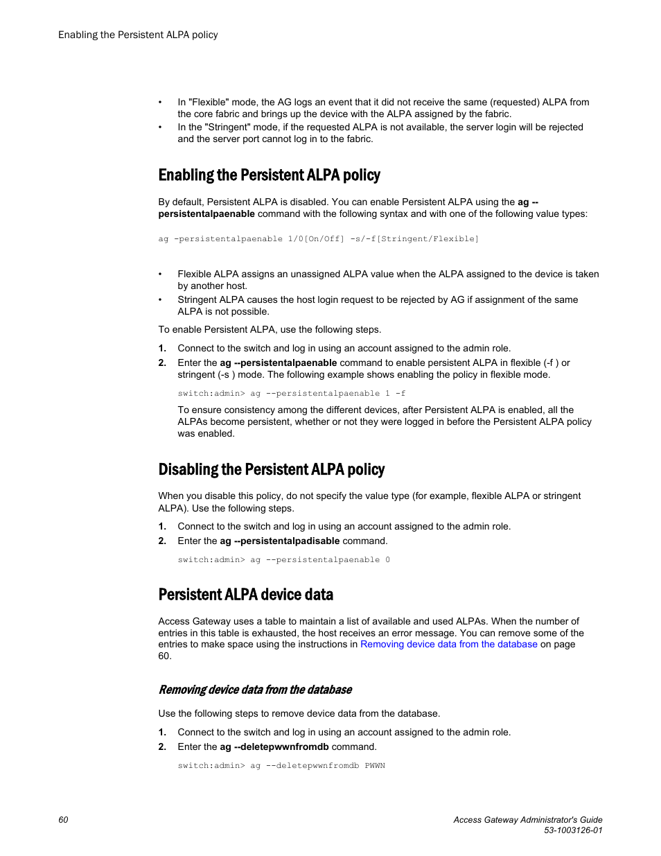 Enabling the persistent alpa policy, Disabling the persistent alpa policy, Persistent alpa device data | Removing device data from the database | Brocade Access Gateway Administrator's Guide (Supporting Fabric OS v7.3.0) User Manual | Page 62 / 102