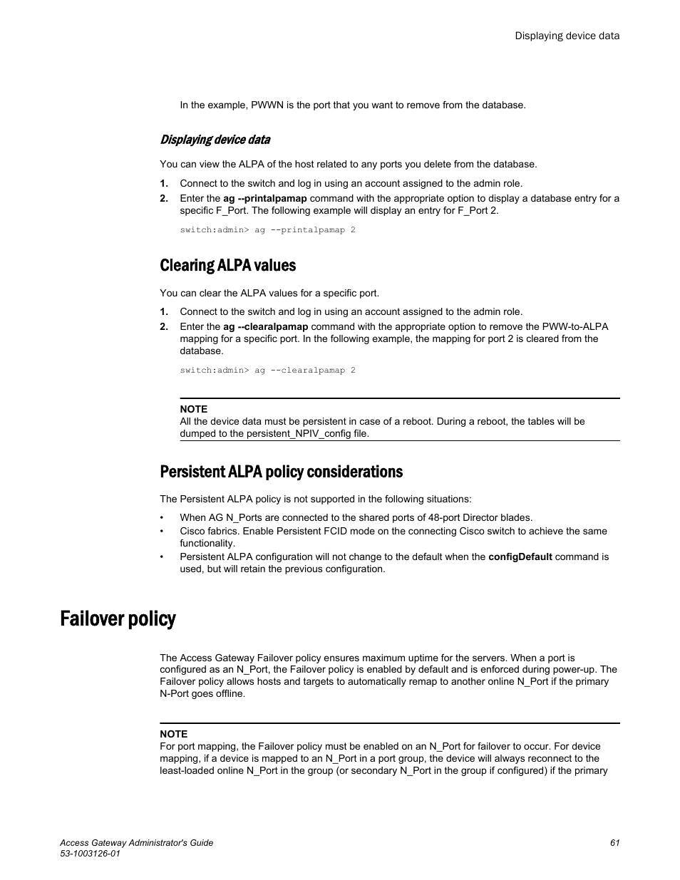 Displaying device data, Clearing alpa values, Persistent alpa policy considerations | Failover policy | Brocade Access Gateway Administrator's Guide (Supporting Fabric OS v7.3.0) User Manual | Page 63 / 102