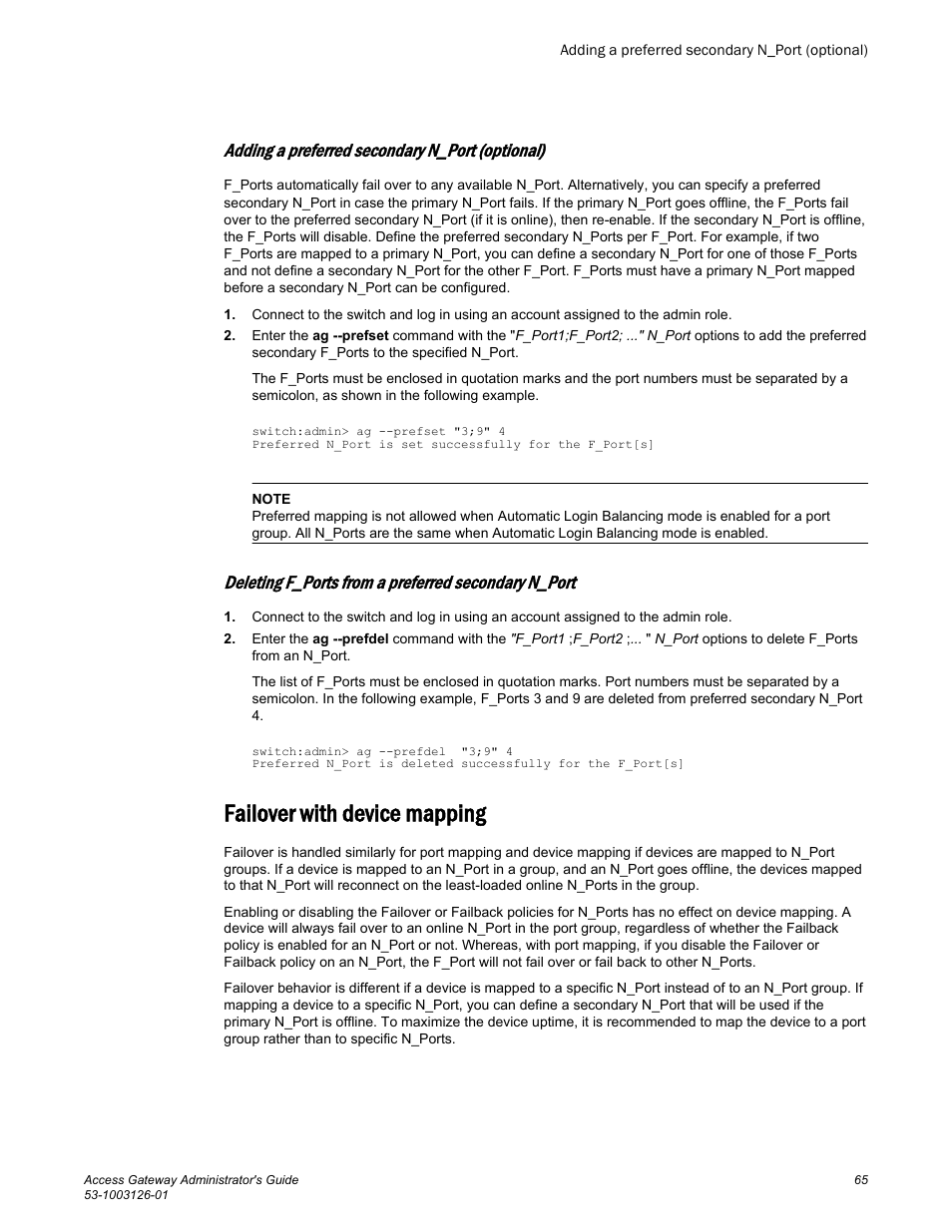 Adding a preferred secondary n_port (optional), Deleting f_ports from a preferred secondary n_port, Failover with device mapping | Brocade Access Gateway Administrator's Guide (Supporting Fabric OS v7.3.0) User Manual | Page 67 / 102