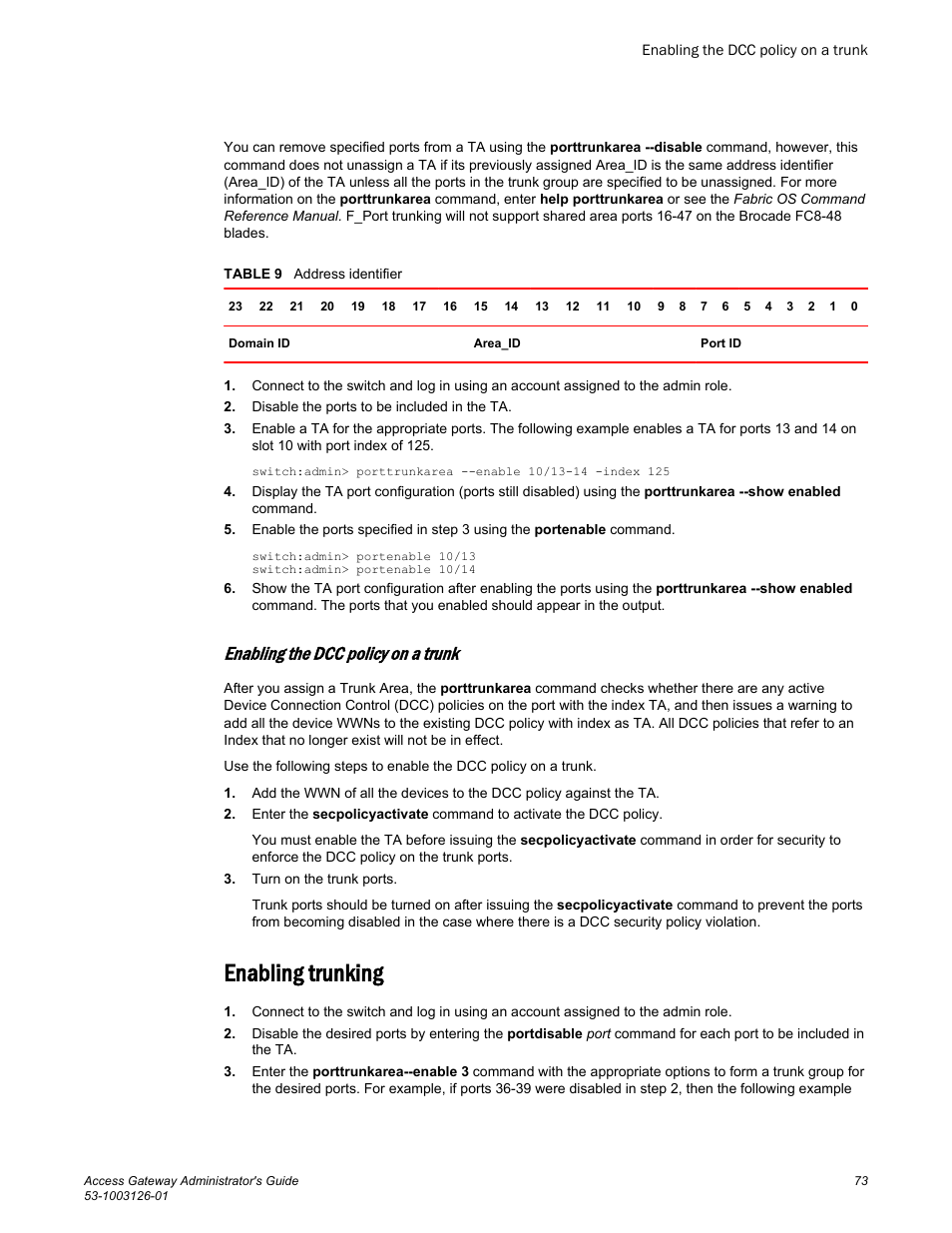 Enabling the dcc policy on a trunk, Enabling trunking | Brocade Access Gateway Administrator's Guide (Supporting Fabric OS v7.3.0) User Manual | Page 75 / 102