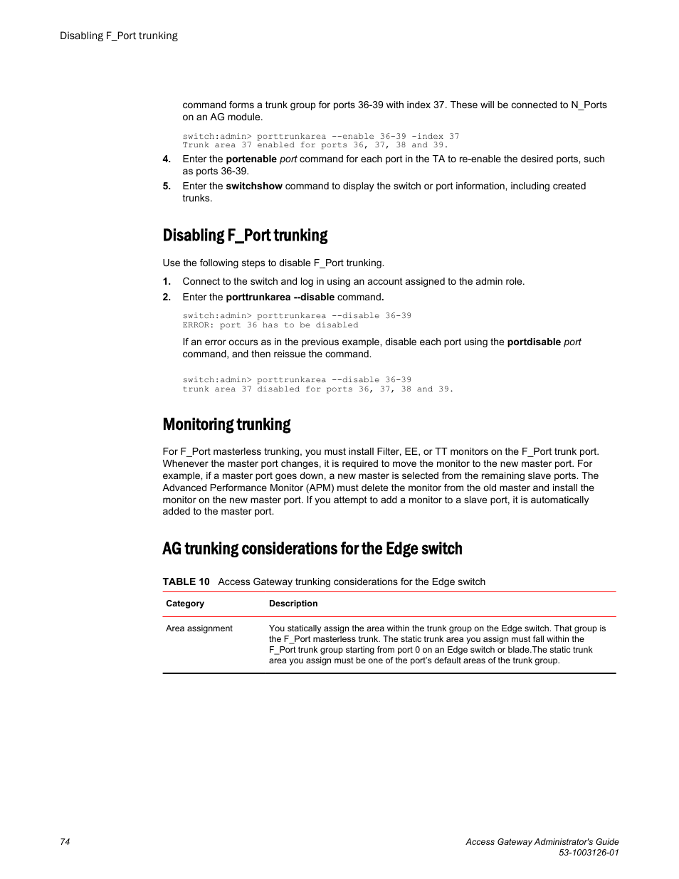 Disabling f_port trunking, Monitoring trunking, Ag trunking considerations for the edge switch | Brocade Access Gateway Administrator's Guide (Supporting Fabric OS v7.3.0) User Manual | Page 76 / 102