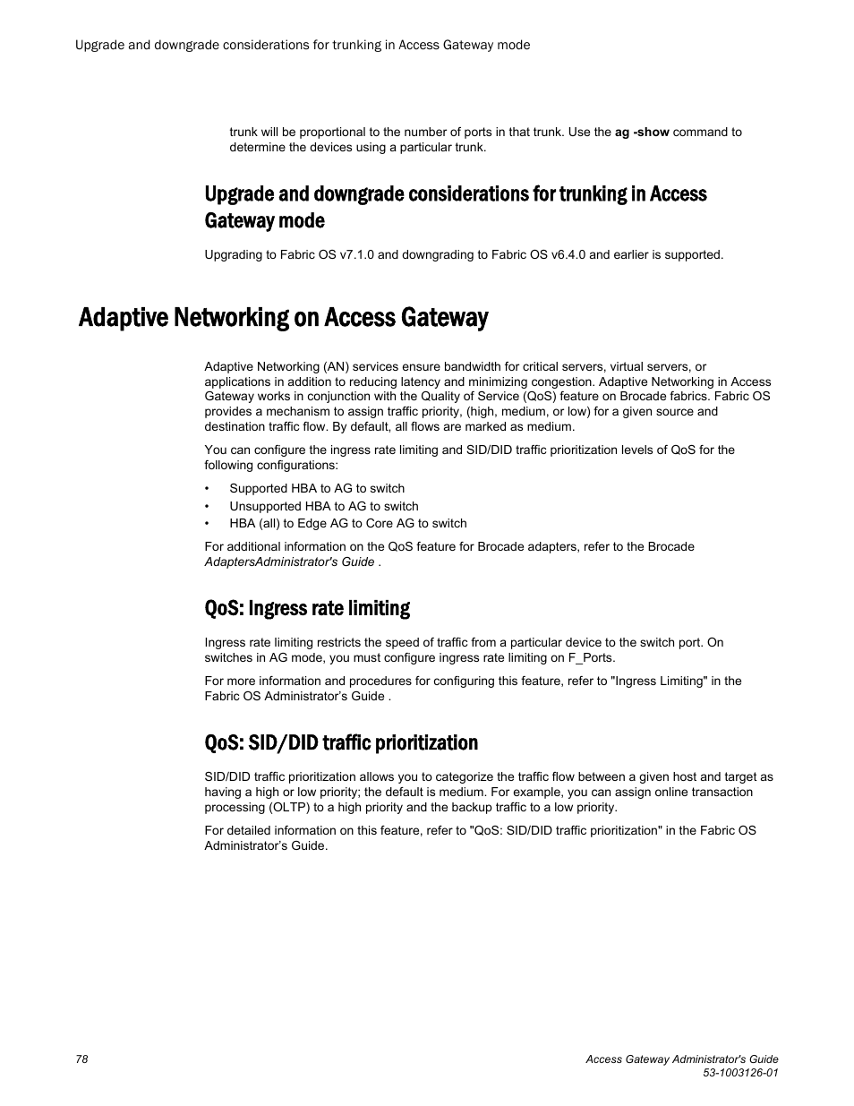 Adaptive networking on access gateway, Qos: ingress rate limiting, Qos: sid/did traffic prioritization | Gateway mode | Brocade Access Gateway Administrator's Guide (Supporting Fabric OS v7.3.0) User Manual | Page 80 / 102