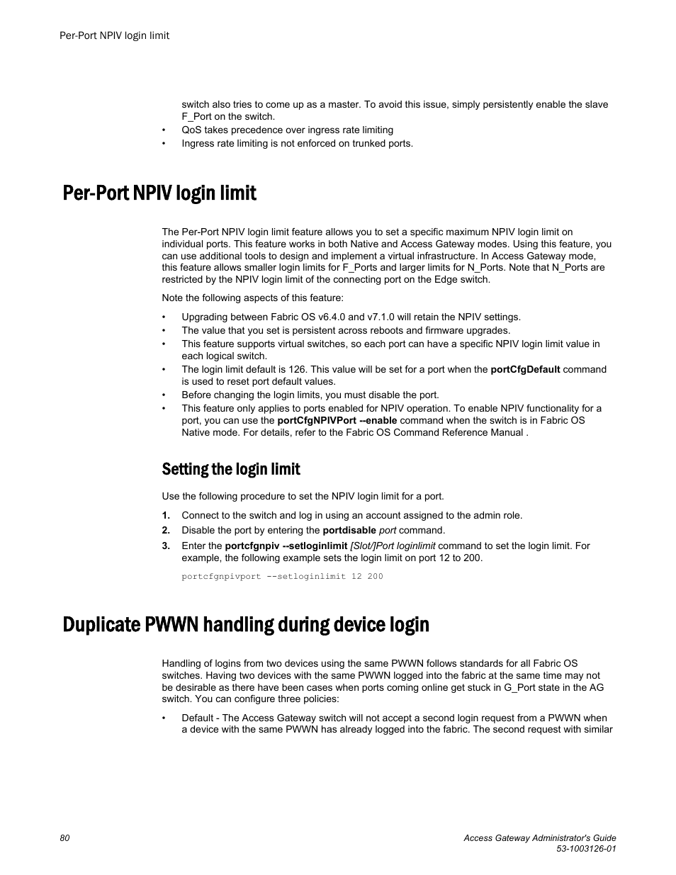 Per-port npiv login limit, Setting the login limit, Duplicate pwwn handling during device login | Brocade Access Gateway Administrator's Guide (Supporting Fabric OS v7.3.0) User Manual | Page 82 / 102