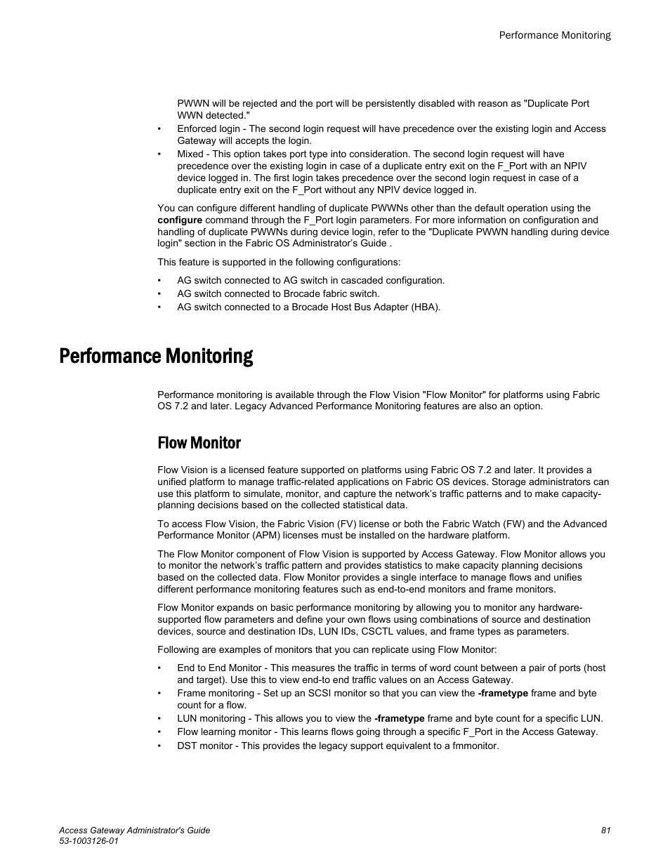 Performance monitoring, Flow monitor | Brocade Access Gateway Administrator's Guide (Supporting Fabric OS v7.3.0) User Manual | Page 83 / 102