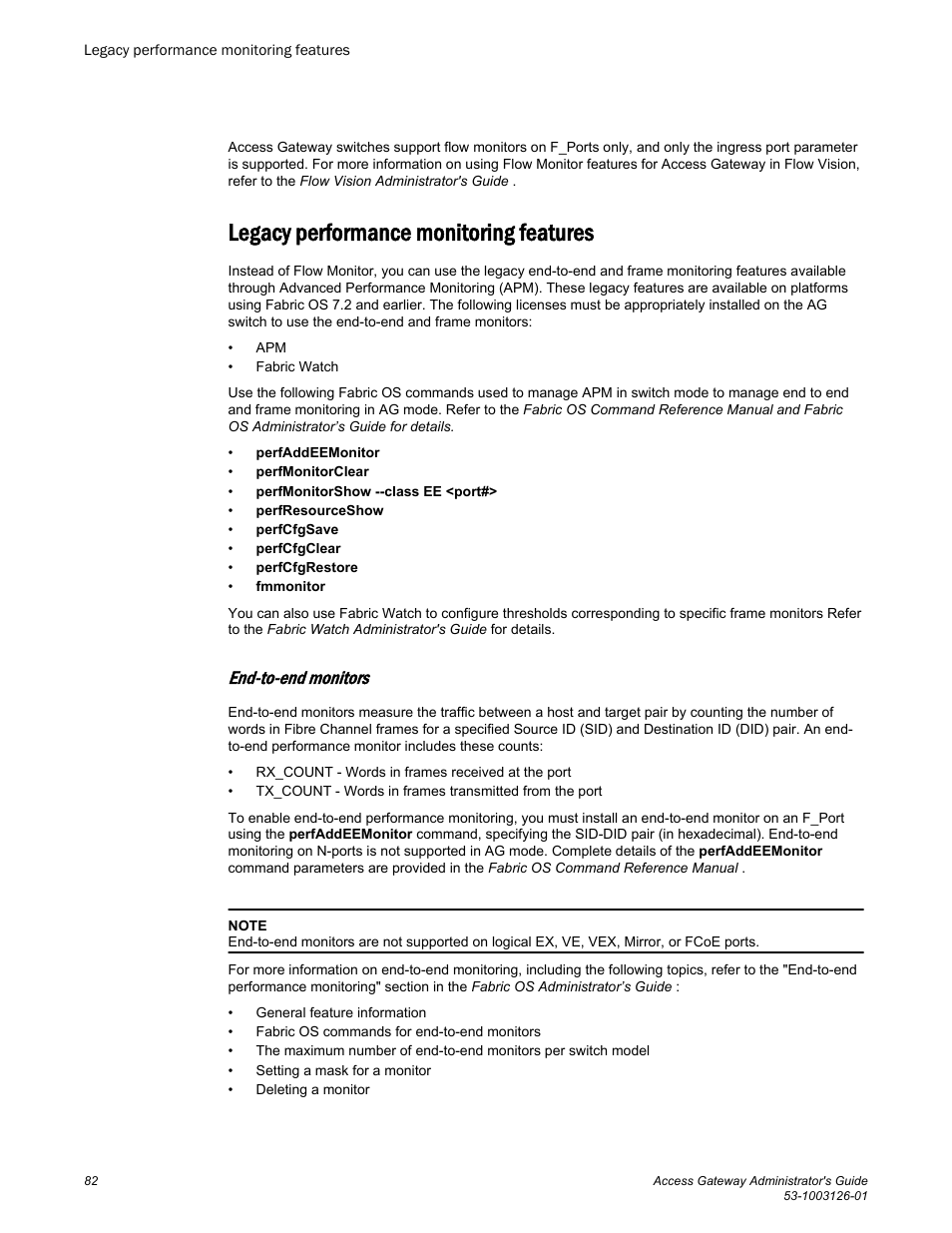 Legacy performance monitoring features, End-to-end monitors | Brocade Access Gateway Administrator's Guide (Supporting Fabric OS v7.3.0) User Manual | Page 84 / 102