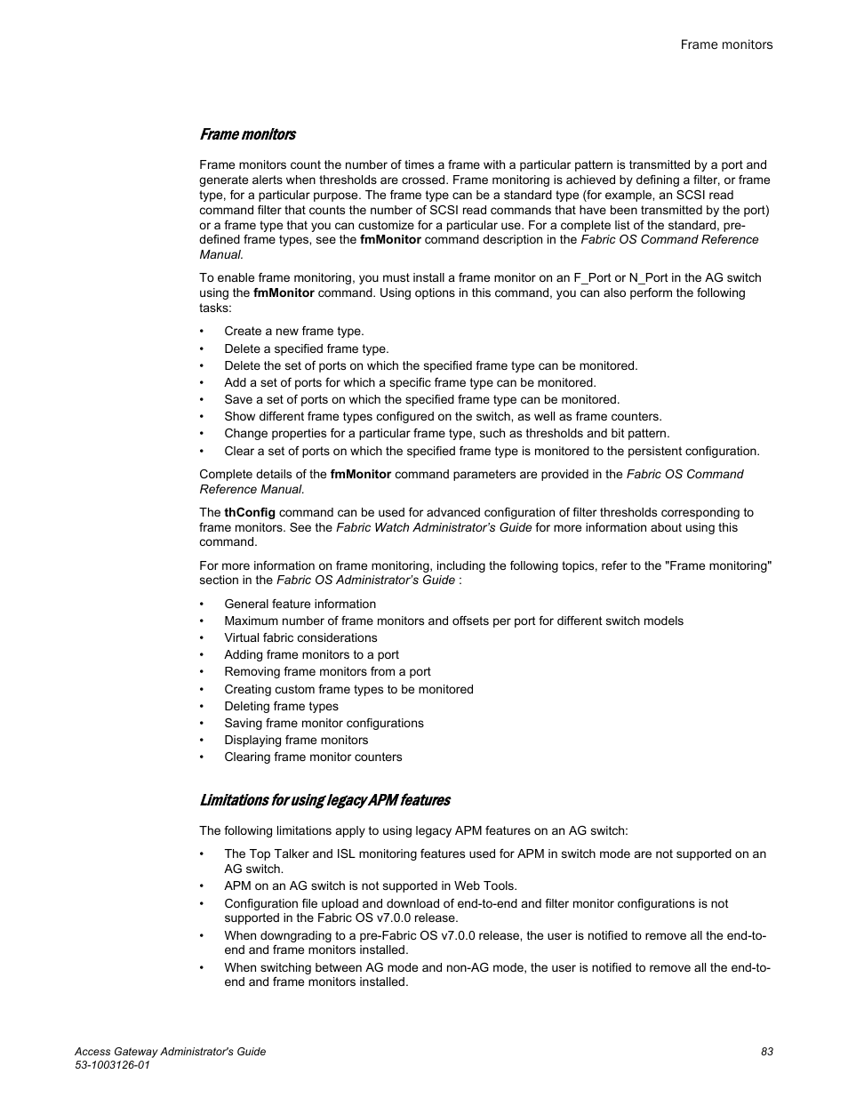 Frame monitors, Limitations for using legacy apm features | Brocade Access Gateway Administrator's Guide (Supporting Fabric OS v7.3.0) User Manual | Page 85 / 102