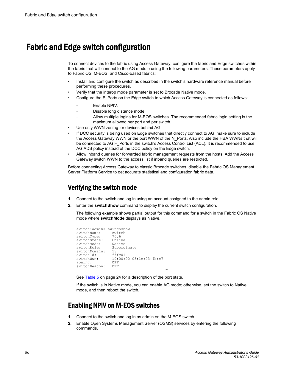 Fabric and edge switch configuration, Verifying the switch mode, Enabling npiv on m-eos switches | Brocade Access Gateway Administrator's Guide (Supporting Fabric OS v7.3.0) User Manual | Page 92 / 102