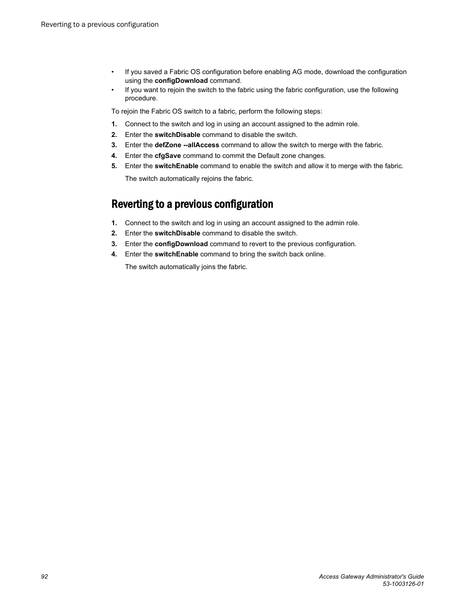 Reverting to a previous configuration | Brocade Access Gateway Administrator's Guide (Supporting Fabric OS v7.3.0) User Manual | Page 94 / 102