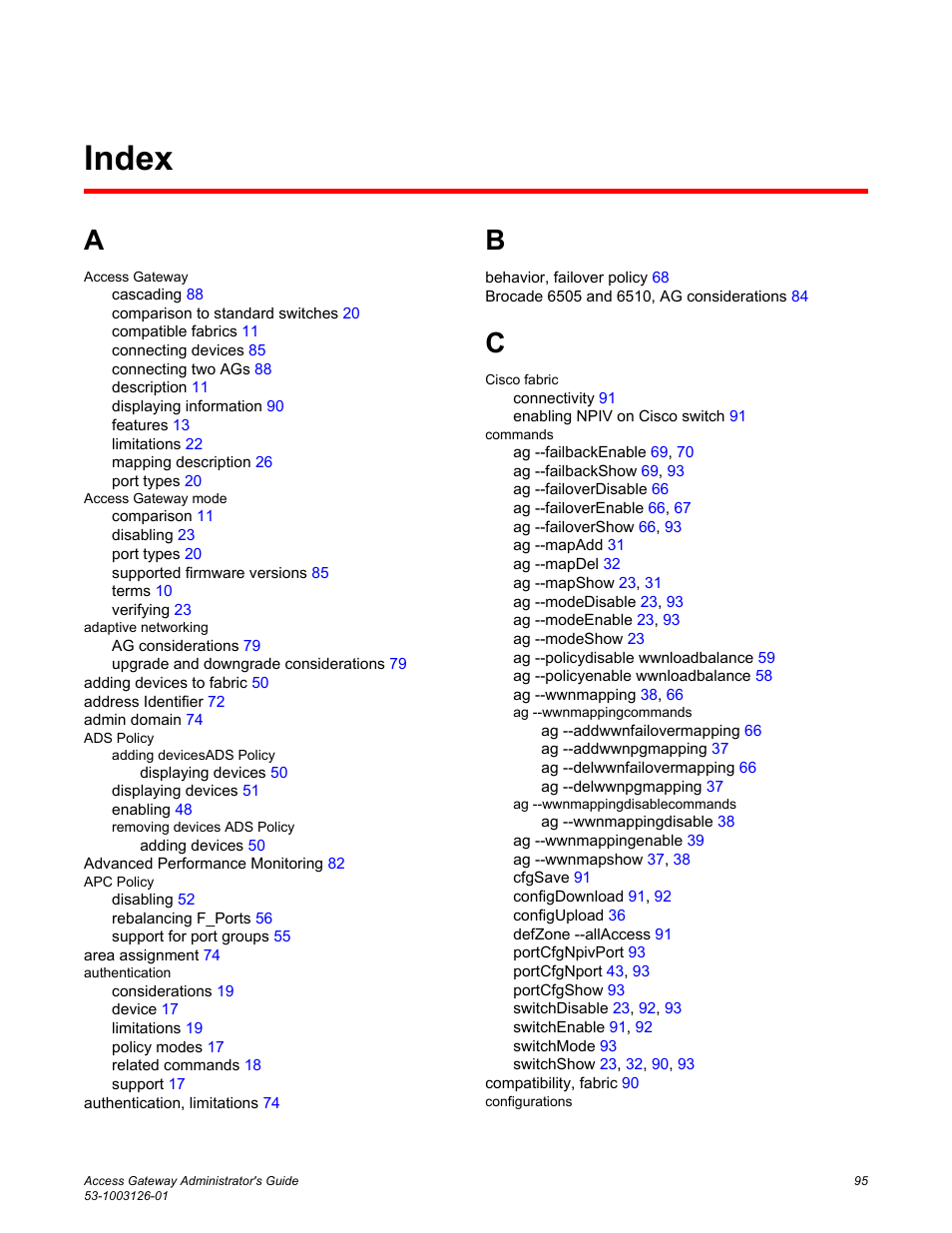 Index | Brocade Access Gateway Administrator's Guide (Supporting Fabric OS v7.3.0) User Manual | Page 97 / 102