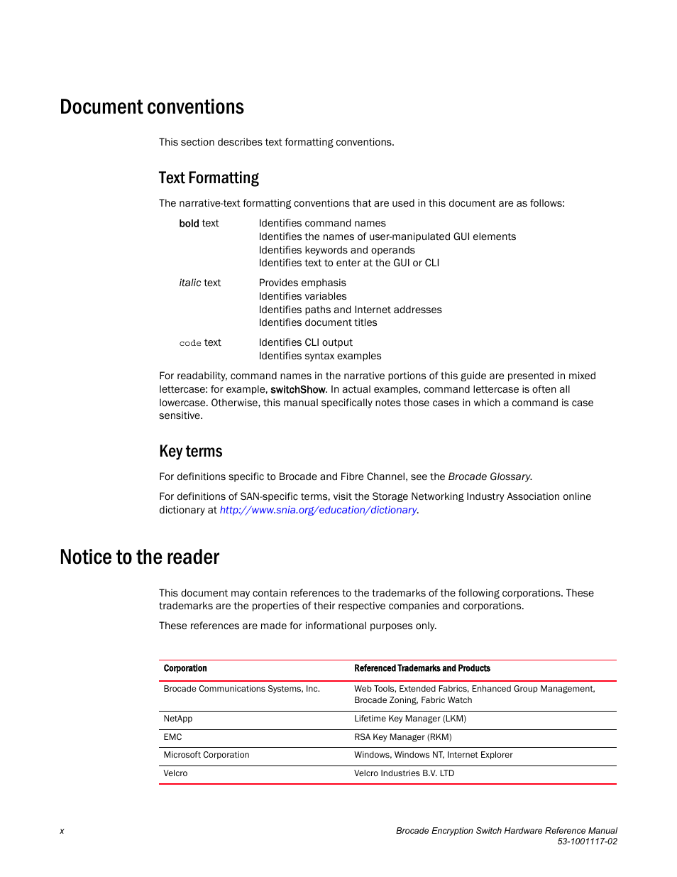 Document conventions, Text formatting, Key terms | Notice to the reader | Brocade Encryption Switch Hardware Reference Manual (Supporting Fabric OS v6.1.1_enc) User Manual | Page 10 / 60