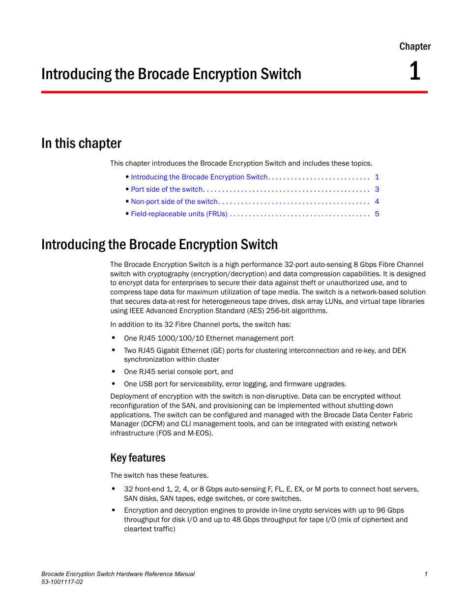 Introducing the brocade encryption switch, In this chapter, Key features | Chapter 1 | Brocade Encryption Switch Hardware Reference Manual (Supporting Fabric OS v6.1.1_enc) User Manual | Page 15 / 60