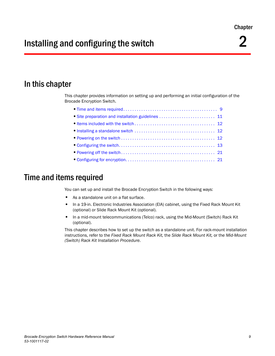 Installing and configuring the switch, In this chapter, Time and items required | Chapter 2, Chapter 2, “installing and configuring the switch | Brocade Encryption Switch Hardware Reference Manual (Supporting Fabric OS v6.1.1_enc) User Manual | Page 23 / 60