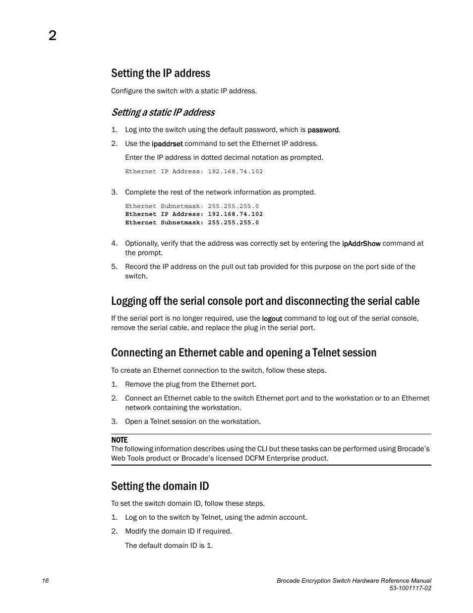 Setting the ip address, Setting the domain id, Setting a static ip address | Brocade Encryption Switch Hardware Reference Manual (Supporting Fabric OS v6.1.1_enc) User Manual | Page 30 / 60