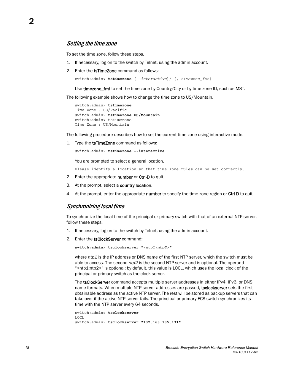 Setting the time zone, Synchronizing local time | Brocade Encryption Switch Hardware Reference Manual (Supporting Fabric OS v6.1.1_enc) User Manual | Page 32 / 60