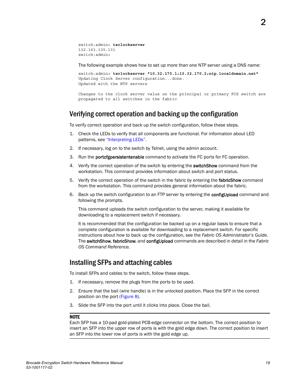 Installing sfps and attaching cables | Brocade Encryption Switch Hardware Reference Manual (Supporting Fabric OS v6.1.1_enc) User Manual | Page 33 / 60