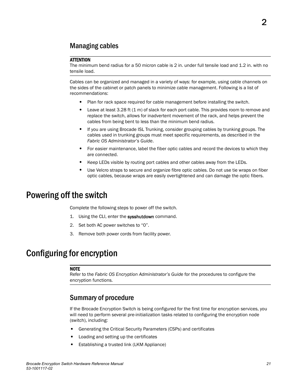 Managing cables, Powering off the switch, Configuring for encryption | Summary of procedure | Brocade Encryption Switch Hardware Reference Manual (Supporting Fabric OS v6.1.1_enc) User Manual | Page 35 / 60