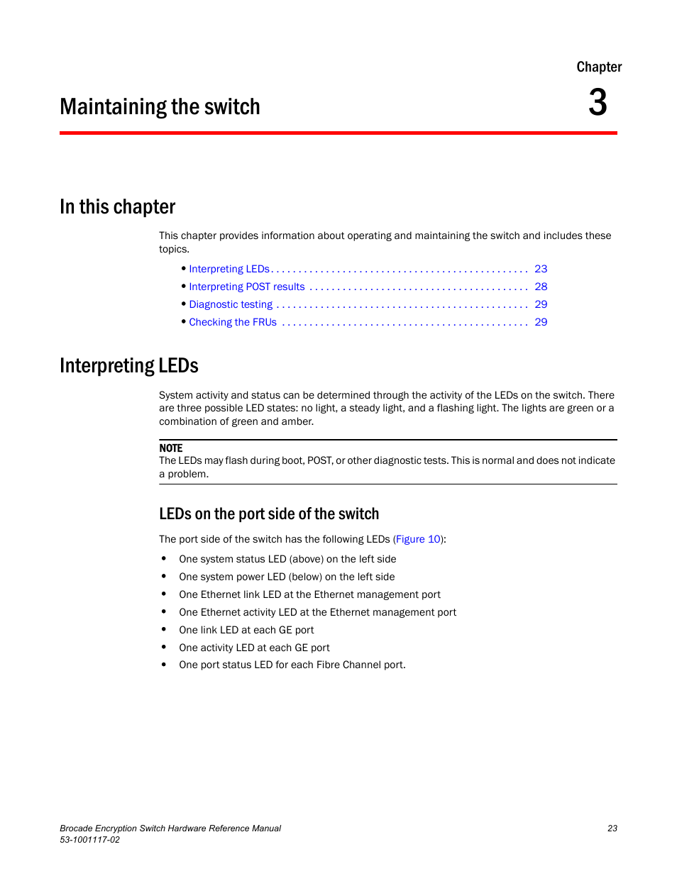 Maintaining the switch, In this chapter, Interpreting leds | Leds on the port side of the switch, Chapter 3, Chapter 3, “maintaining the switch | Brocade Encryption Switch Hardware Reference Manual (Supporting Fabric OS v6.1.1_enc) User Manual | Page 37 / 60