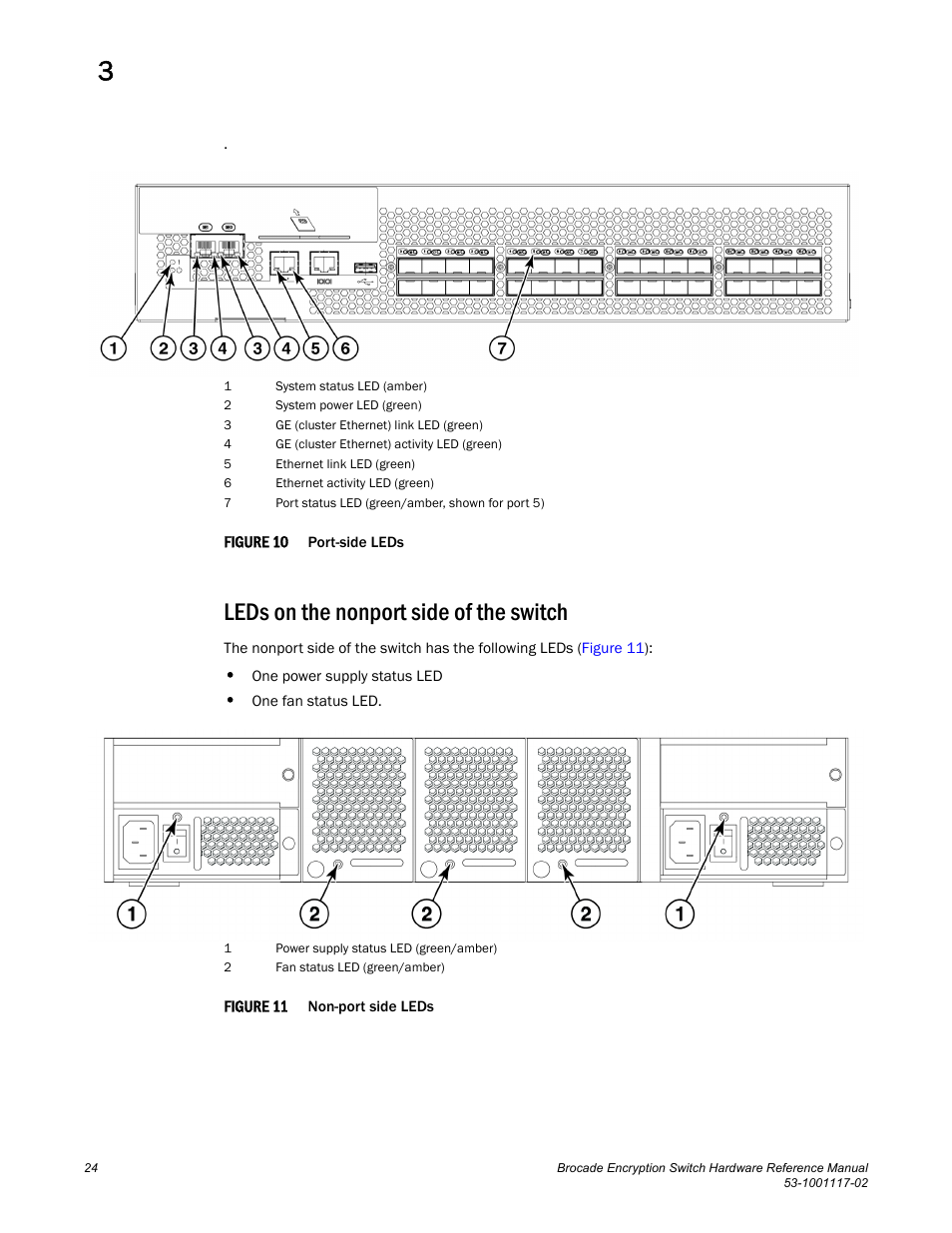 Leds on the nonport side of the switch, Leds, Figure 10 | Brocade Encryption Switch Hardware Reference Manual (Supporting Fabric OS v6.1.1_enc) User Manual | Page 38 / 60