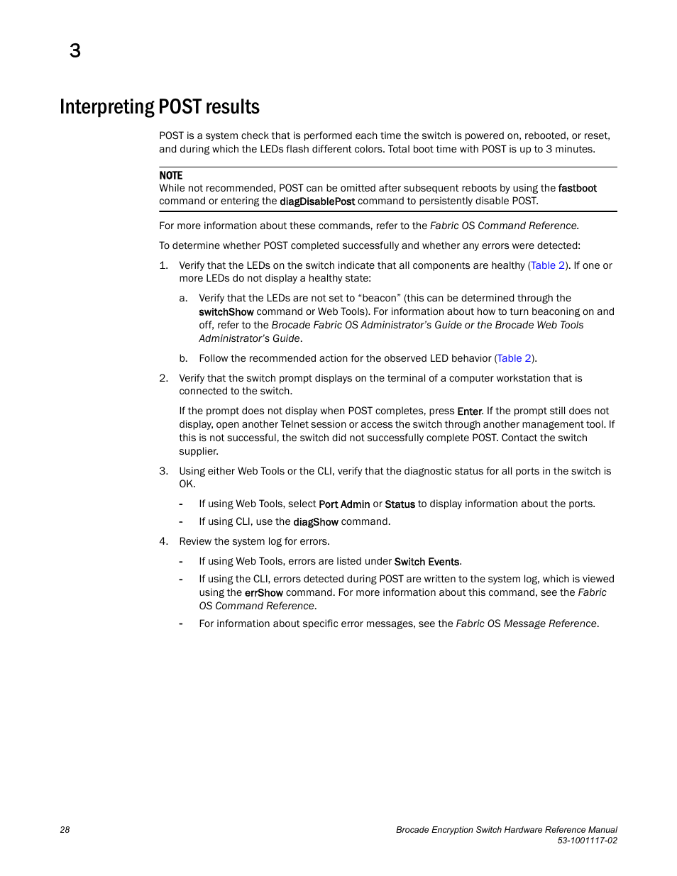 Interpreting post results | Brocade Encryption Switch Hardware Reference Manual (Supporting Fabric OS v6.1.1_enc) User Manual | Page 42 / 60