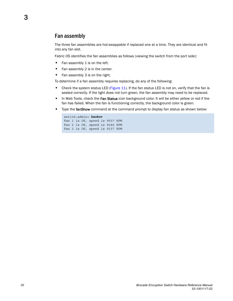 Fan assembly | Brocade Encryption Switch Hardware Reference Manual (Supporting Fabric OS v6.1.1_enc) User Manual | Page 44 / 60