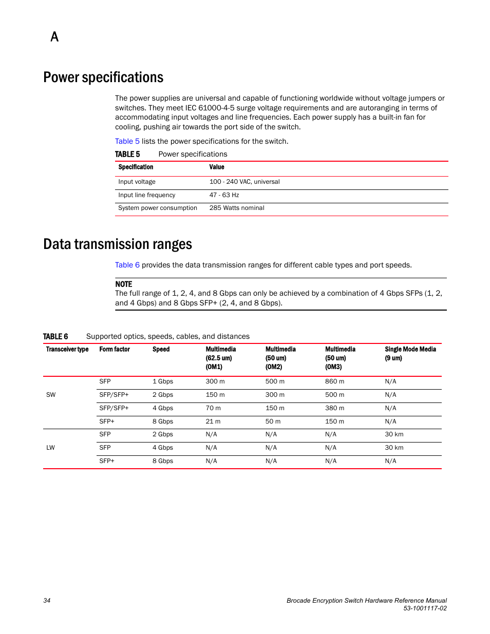 Power specifications, Data transmission ranges | Brocade Encryption Switch Hardware Reference Manual (Supporting Fabric OS v6.1.1_enc) User Manual | Page 48 / 60