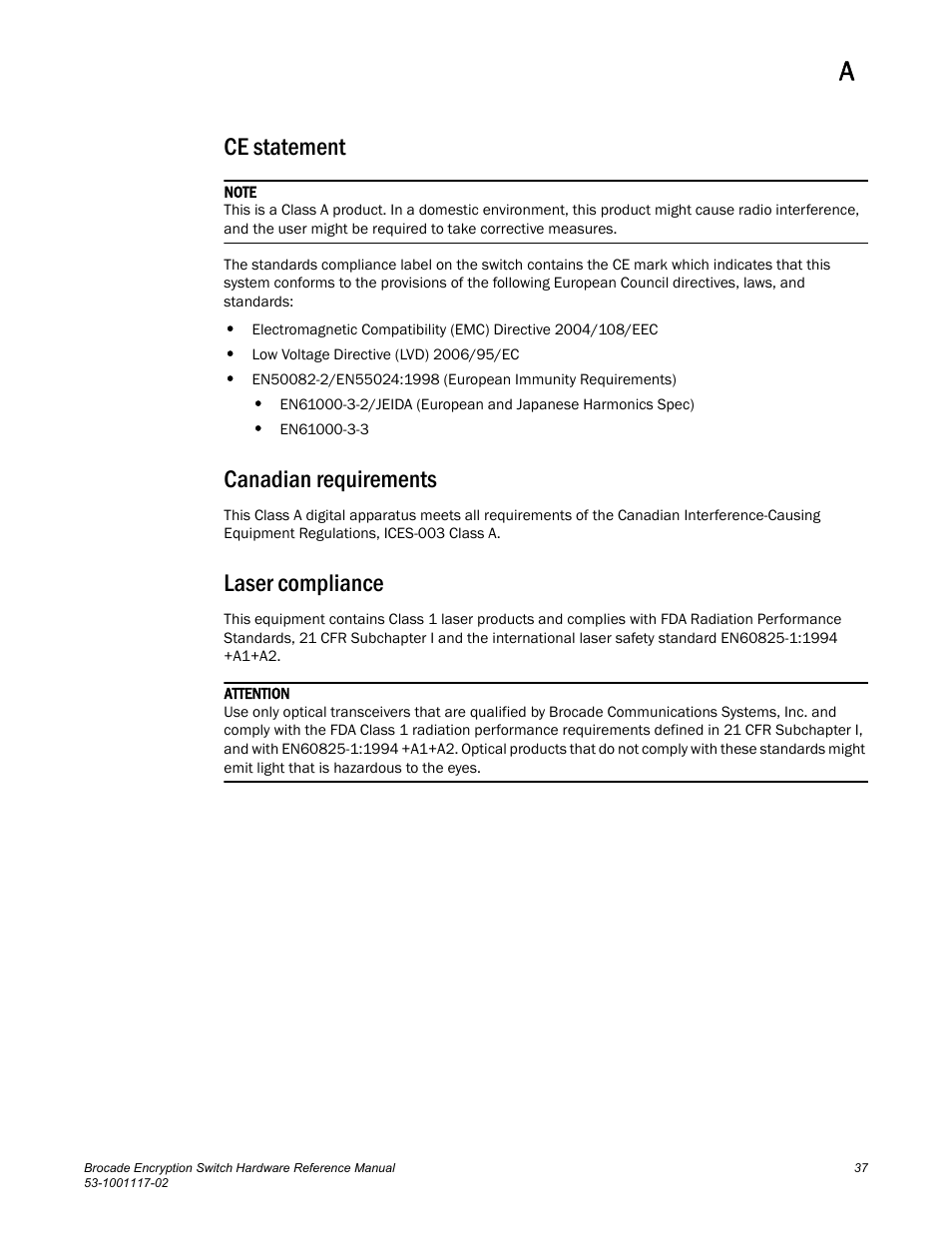 Ce statement, Canadian requirements, Laser compliance | Brocade Encryption Switch Hardware Reference Manual (Supporting Fabric OS v6.1.1_enc) User Manual | Page 51 / 60