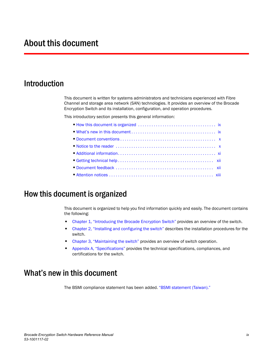 About this document, Introduction, How this document is organized | What’s new in this document | Brocade Encryption Switch Hardware Reference Manual (Supporting Fabric OS v6.1.1_enc) User Manual | Page 9 / 60