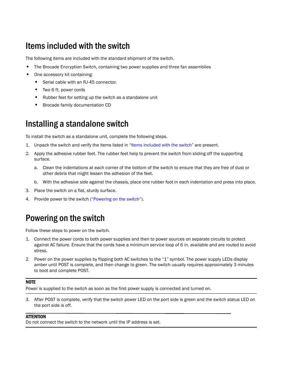 Items included with the switch, Installing a standalone switch, Powering on the switch | Brocade Encryption Switch QuickStart Guide (Supporting Fabric OS v6.1.1_enc) User Manual | Page 10 / 20