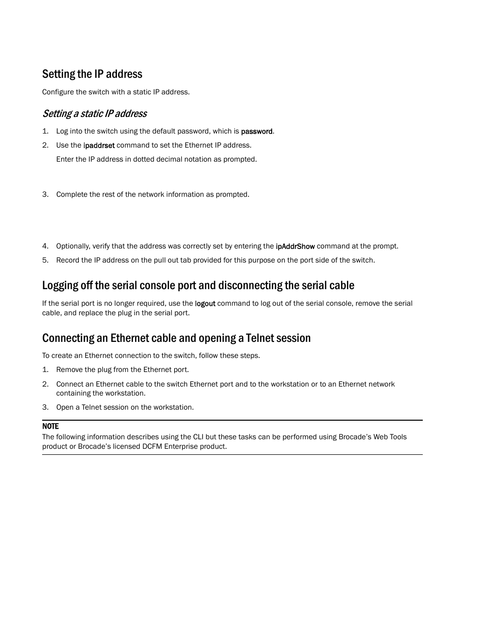Setting the ip address, Setting a static ip address | Brocade Encryption Switch QuickStart Guide (Supporting Fabric OS v6.1.1_enc) User Manual | Page 14 / 20