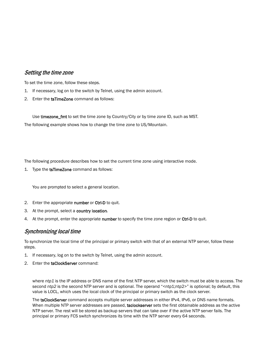 Setting the time zone, Synchronizing local time | Brocade Encryption Switch QuickStart Guide (Supporting Fabric OS v6.1.1_enc) User Manual | Page 16 / 20