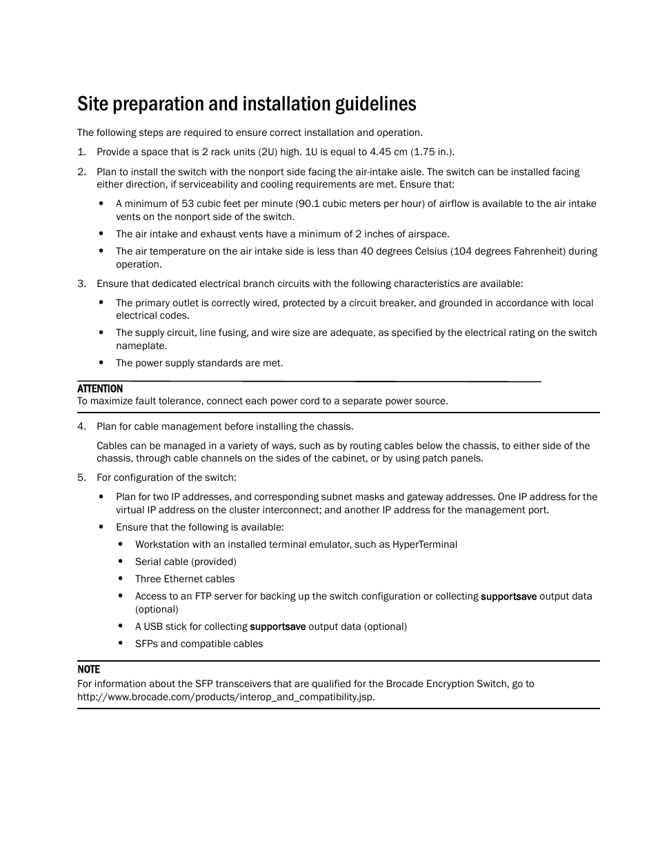 Site preparation and installation guidelines | Brocade Encryption Switch QuickStart Guide (Supporting Fabric OS v6.1.1_enc) User Manual | Page 9 / 20