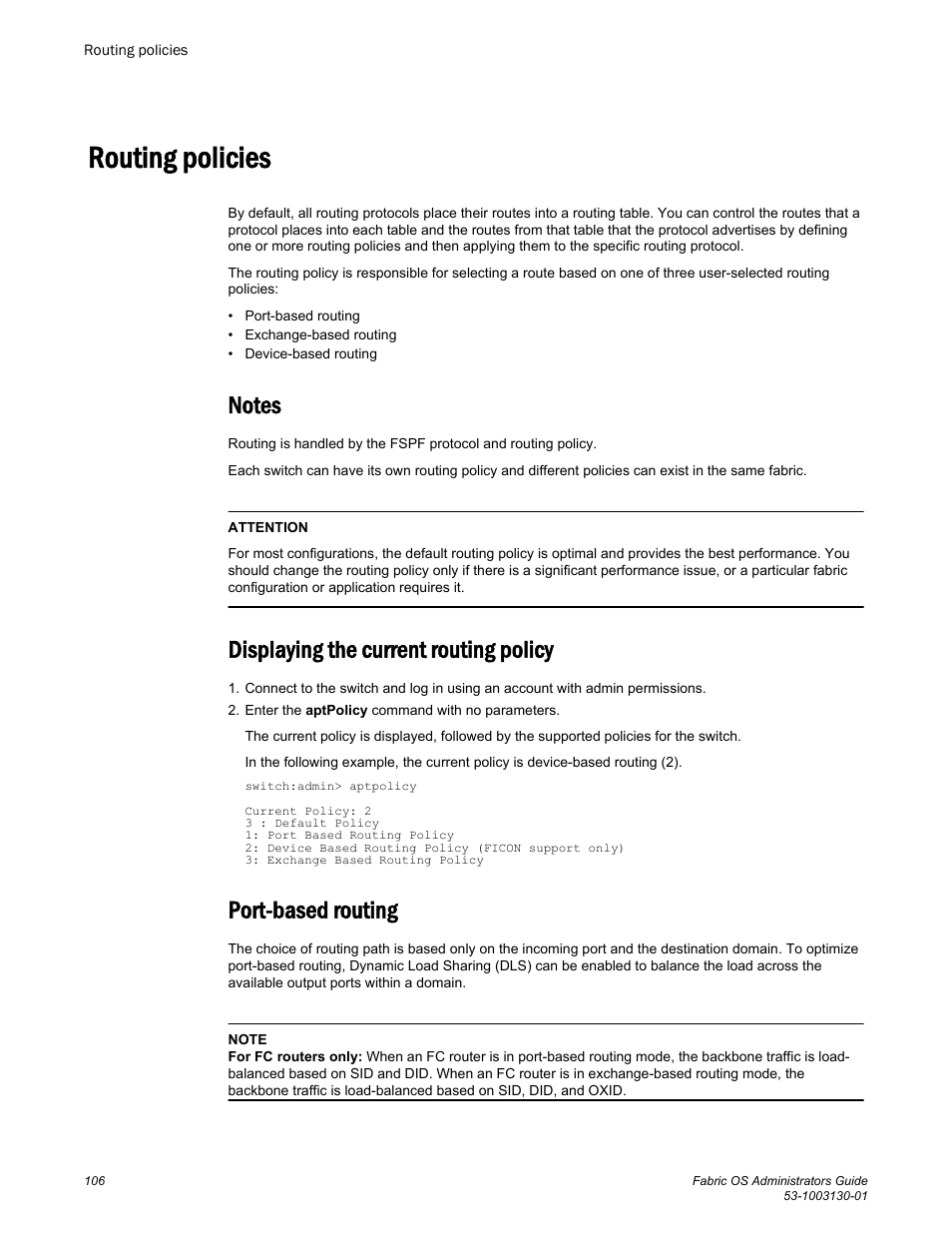 Routing policies, Notes, Displaying the current routing policy | Port-based routing | Brocade Fabric OS Administrators Guide (Supporting Fabric OS v7.3.0) User Manual | Page 106 / 622