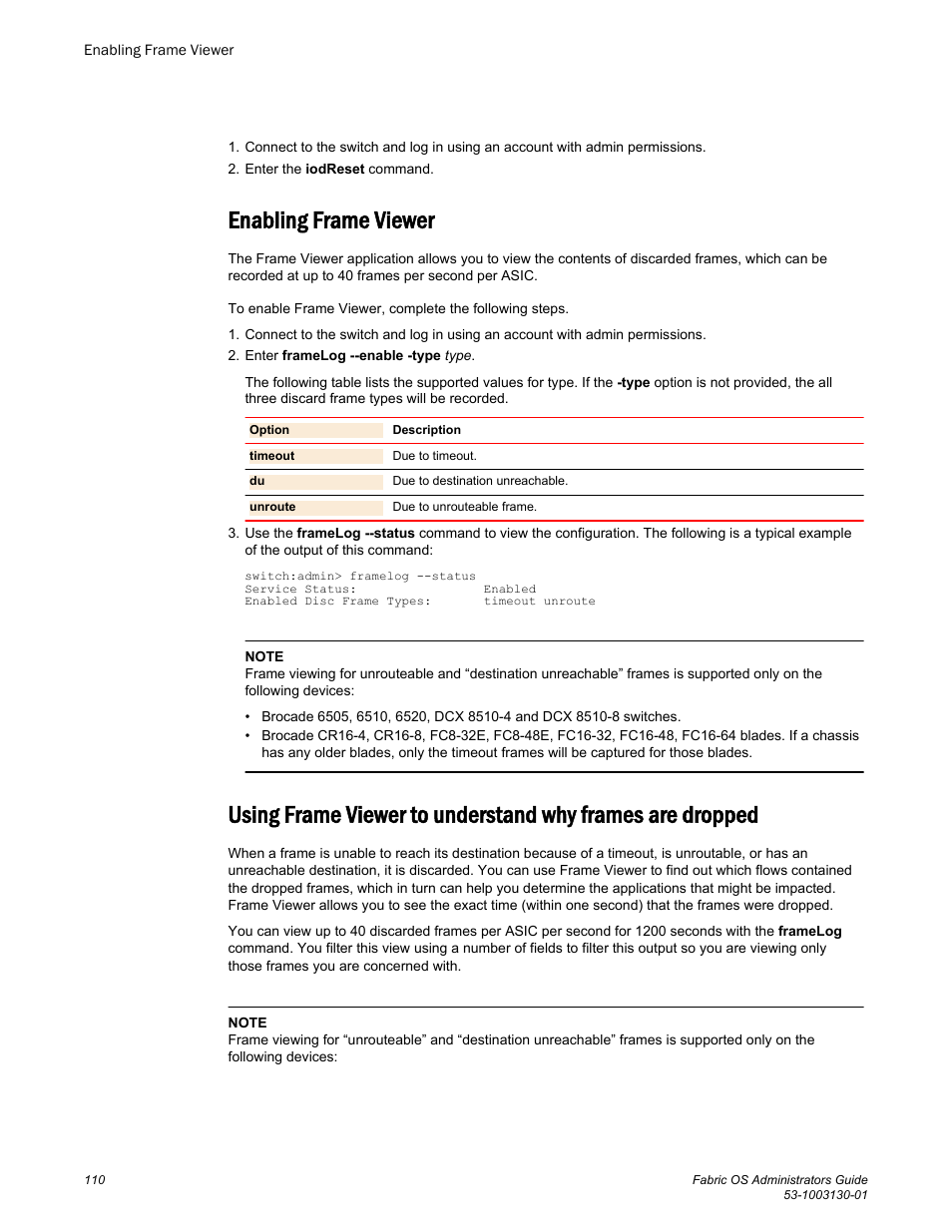 Enabling frame viewer | Brocade Fabric OS Administrators Guide (Supporting Fabric OS v7.3.0) User Manual | Page 110 / 622