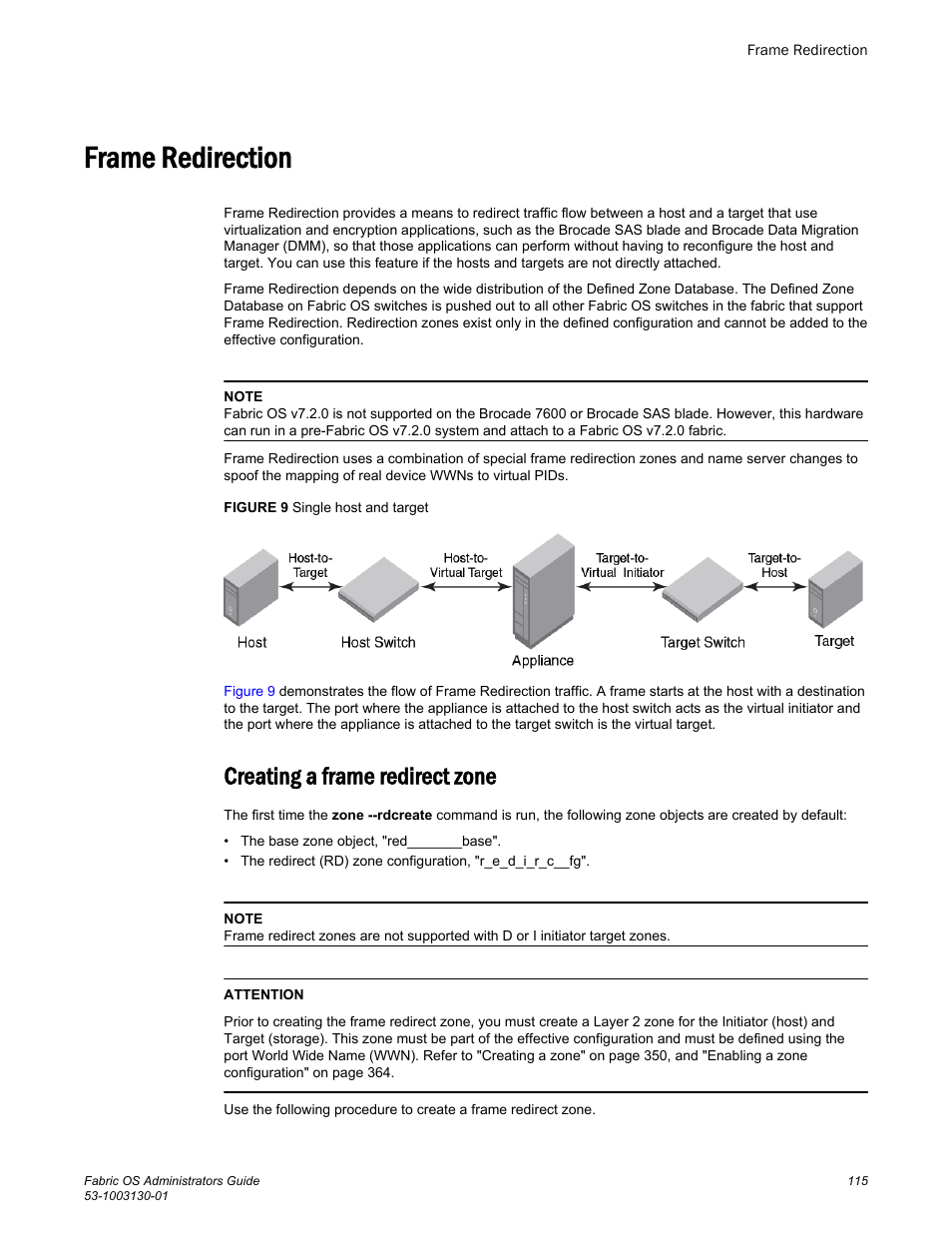 Frame redirection, Creating a frame redirect zone | Brocade Fabric OS Administrators Guide (Supporting Fabric OS v7.3.0) User Manual | Page 115 / 622